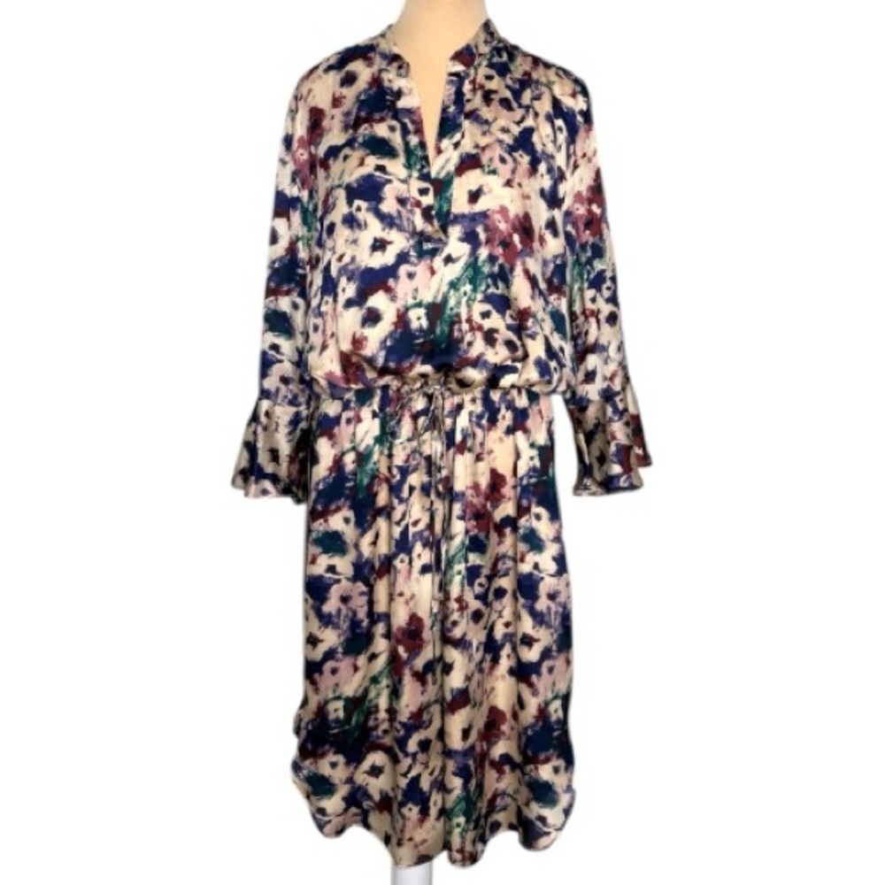 Ralph Lauren Women's Abstract Floral Midi Dress Size 16 Bell Sleeve V Neck NWT